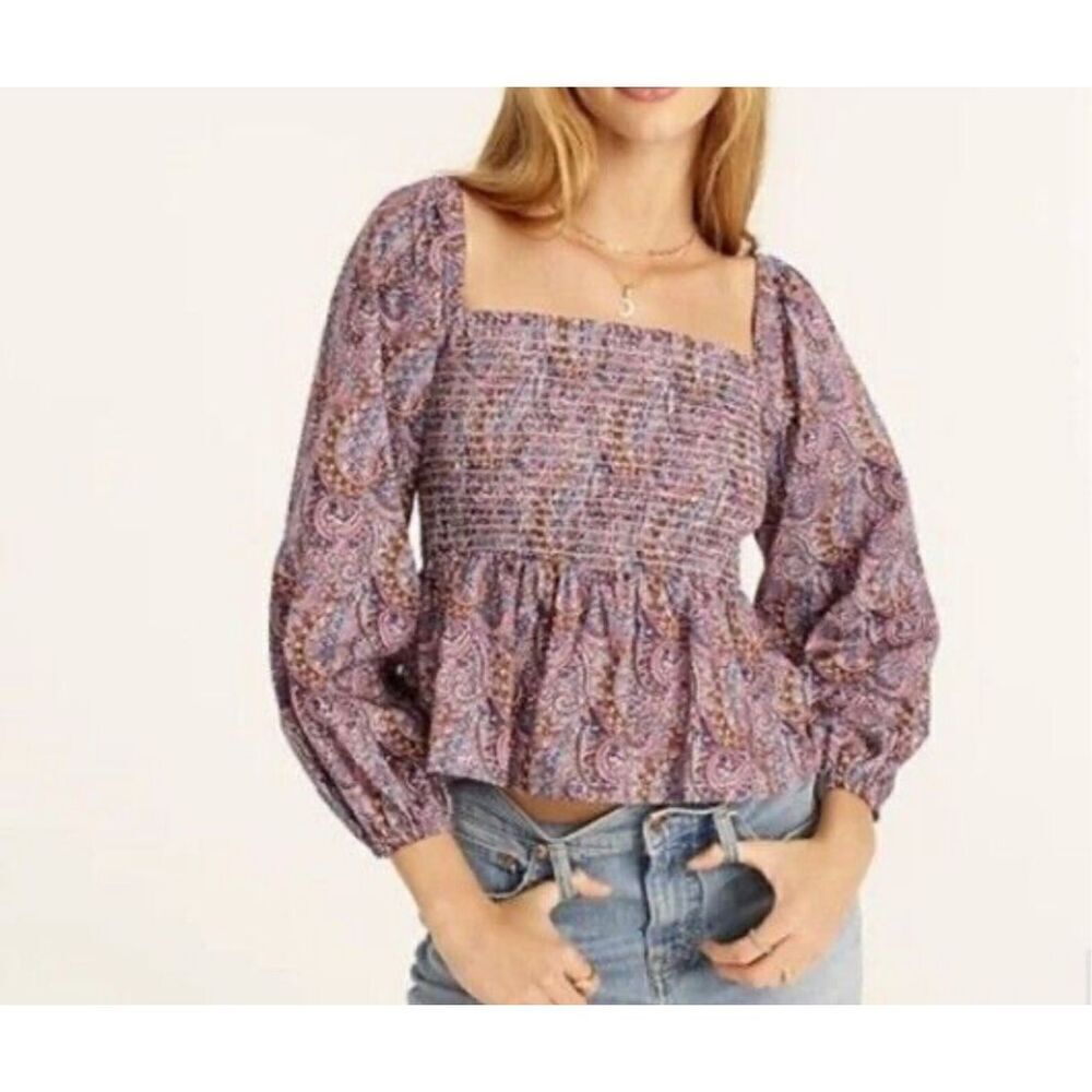 J Crew Liberty Boho Multi Paisley Tropical Prince Print Smocked Puff Sleeve Top